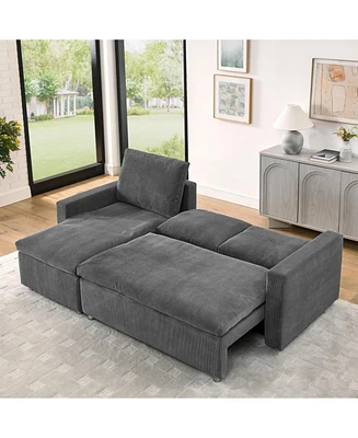 L-Shaped Sleeper Sofa Bed with Reversible Chaise and Storage, Washable Gery Corduroy Covers