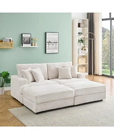 82 inches beige corduroy sofa, two storage feet +4 throw pillows, create a living room, office fashion new darling!