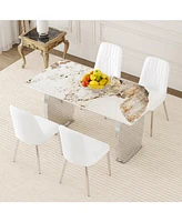 Pandora Patterned Sintered Stone Dining Table Set with 4 White Chairs