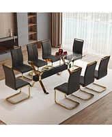 71" Glass Dining Set with 8 Black Pu Chairs & Gold Metal Legs