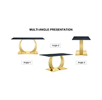 Sintered Stone Dining Set: 6 Chairs, Golden Legs, Black Texture