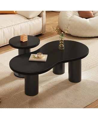 Easy Assembly Nesting Coffee Table Set of 2, Cream Style Cloud Coffee Table with Round Small Side Table