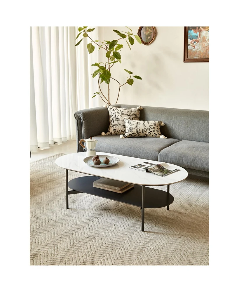 Coffee table ceramic Coffee Table, Mdf painting Double Layer Coffee Table for Living Room, white ceramic and Coffee Brown Bottom Shelf