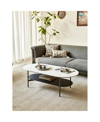 Coffee table ceramic Coffee Table, Mdf painting Double Layer Coffee Table for Living Room, white ceramic and Coffee Brown Bottom Shelf