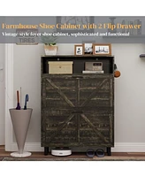 Farmhouse Shoe Storage Cabinet with Barn Door and Flip Drawers