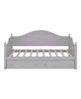 Twin Size Wood Daybed with 2 Storage Drawers, Wooden Sofa Bed with Handrail for Living Room Bedroom, Light Grey