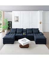 130" U-Sofa with Console, Cup Holders, Sleeper Couch Set for 6