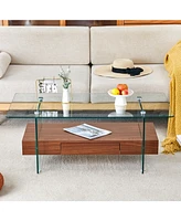 43.3" Modern 2-Tier Coffee Table: Glass & Wood Grain, Storage & Multi-Use