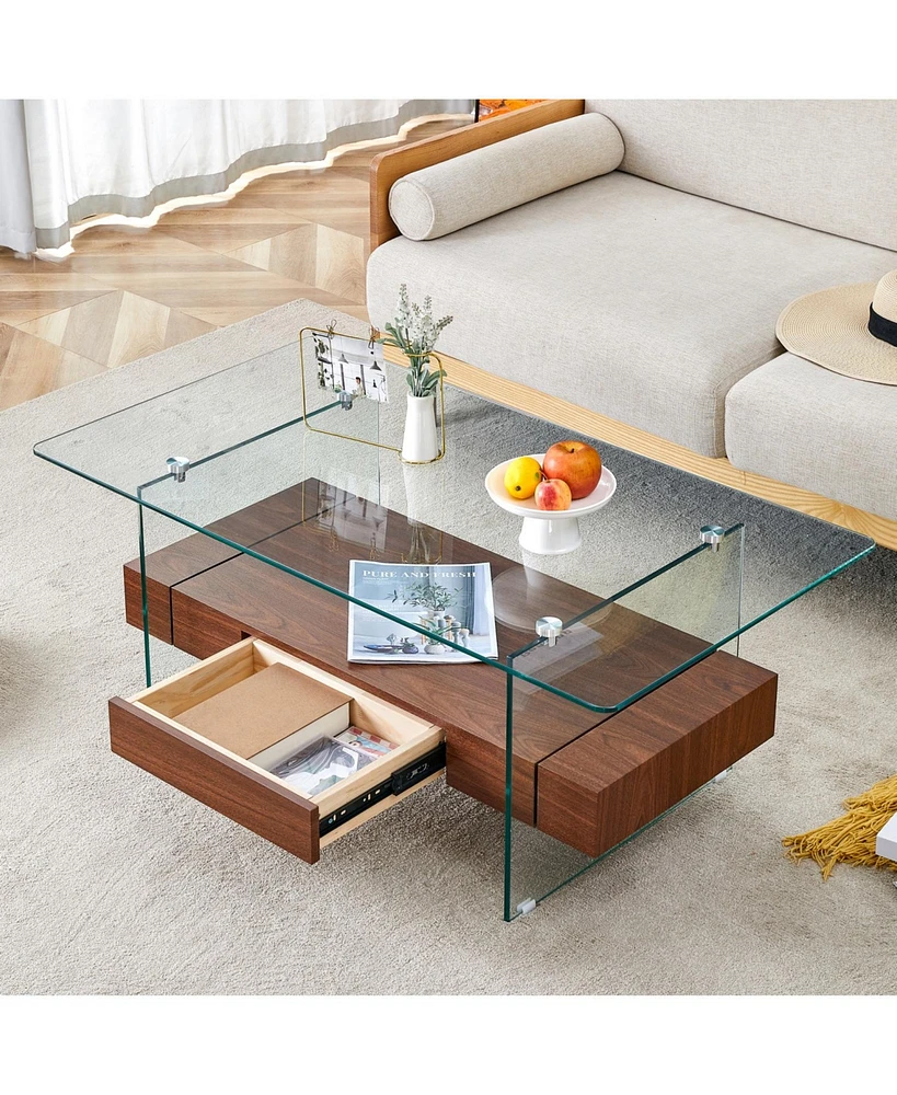 43.3" Modern 2-Tier Coffee Table: Glass & Wood Grain, Storage & Multi-Use