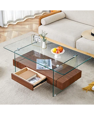 43.3" Modern 2-Tier Coffee Table: Glass & Wood Grain, Storage & Multi-Use