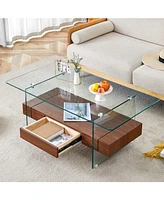 43.3" Modern 2-Tier Coffee Table: Glass & Wood Grain, Storage & Multi-Use