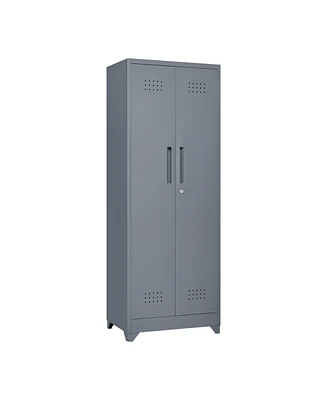 Metal Storage Cabinets, Cleaning Tool Cabinet with Locking Door, Tall Broom Tool Organizer and Storage, Large Storage Cabinet for Kitchen, Pantry, Off