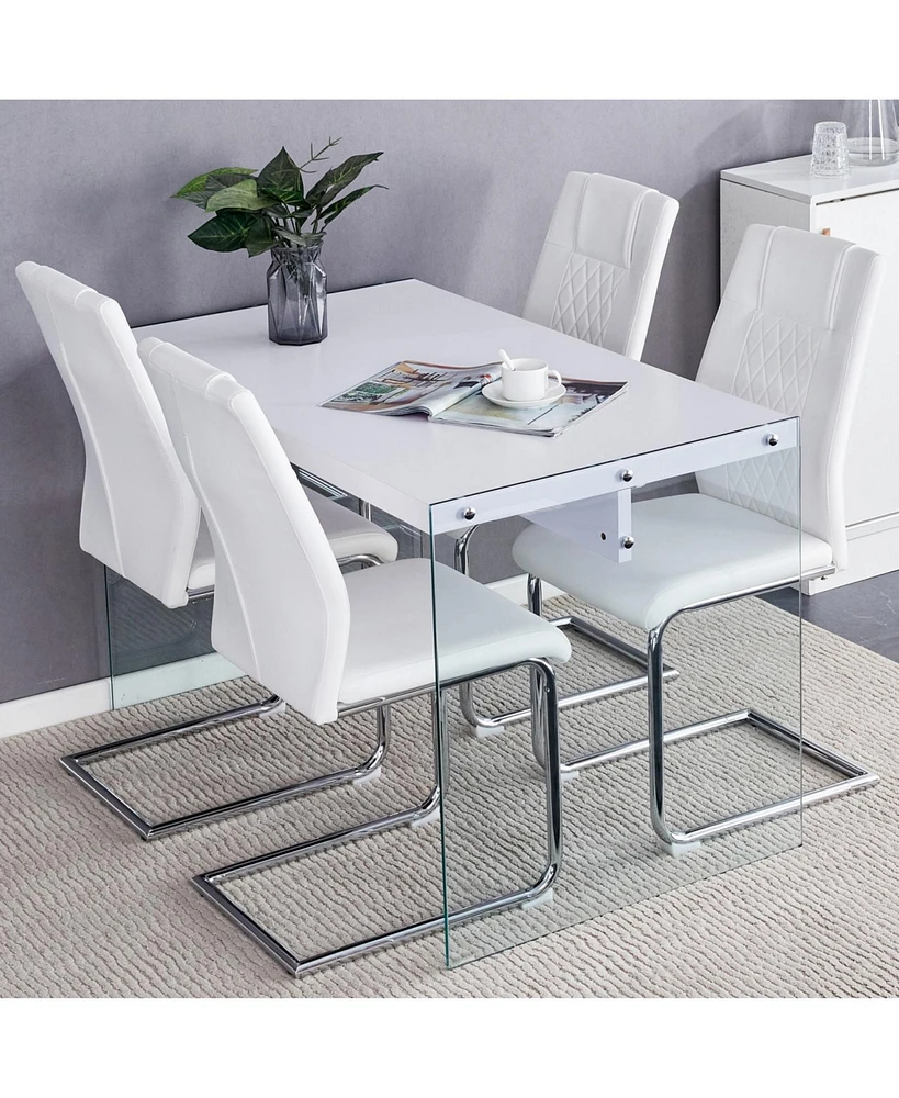 White Coffee Table & 4 Pu Chairs - Glass Legs, Silver Accents