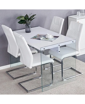 White Coffee Table & 4 Pu Chairs - Glass Legs, Silver Accents