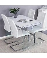 White Coffee Table & 4 Pu Chairs - Glass Legs, Silver Accents