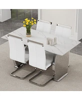 Snow Mountain White Sintered Stone Dining Set - 4 Pu Chairs