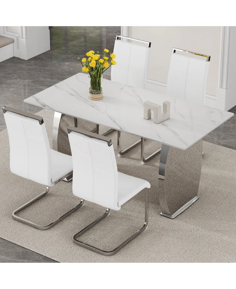 Snow Mountain White Sintered Stone Dining Set - 4 Pu Chairs