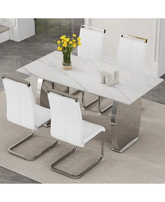Snow Mountain White Sintered Stone Dining Set - 4 Pu Chairs