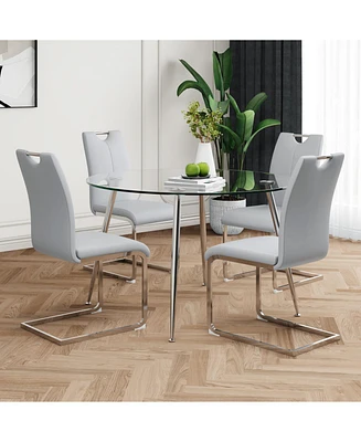 Grey Pu Dining Set: Glass Table & 4 Chairs