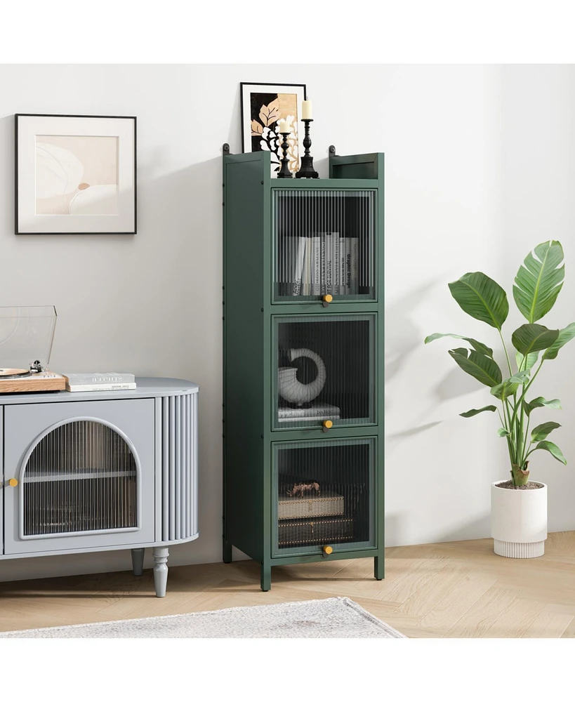 Glass Door Cabinet with 7 Tier Storage, Modern Dark Green