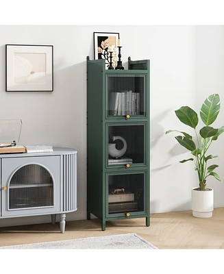 Glass Door Cabinet with 7 Tier Storage, Modern Dark Green
