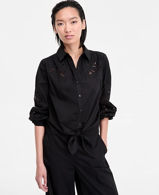 I.n.c. International Concepts Women's Eyelet Cotton Tie-Front Blouse, Exclusively at Macy's