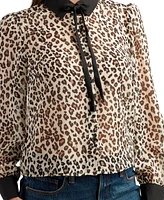 Bcx Juniors' Animal-Print Tie-Front Long-Sleeve Button Blouse