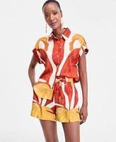 I.N.C. International Concepts Womens Printed Button Down Camp Shirt Matching Drawstring Shorts Exclusively At Macys
