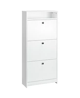 Slim Shoe Cabinet, Trendy Shoe Storage Cabinet with 3 Large Fold-Out Drawers & a Spacious Top Surface for Small Items, White