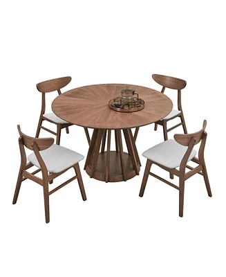 5-Piece Modern Dining Set: Round Walnut Table + 4 Upholstered Chairs