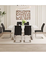 White Mdf Dining Table Set with 6 Black Pu Chairs (71"x39.3