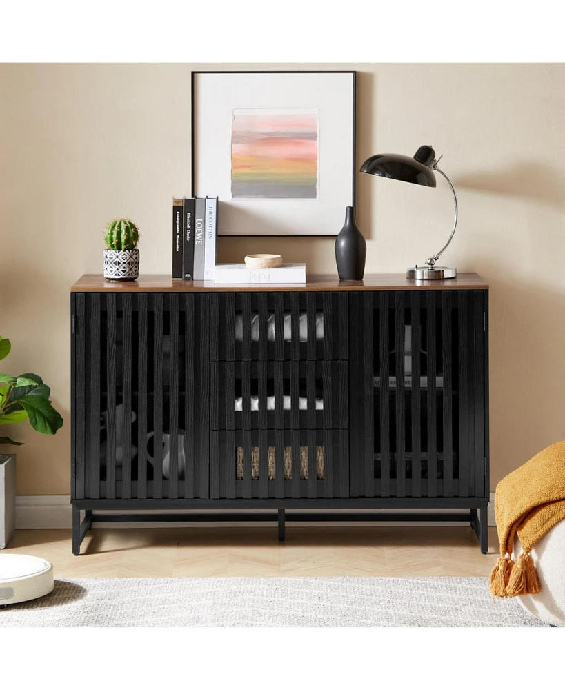 3 Drawer and 4 Shelves Dresser with Slatted Grille Striped Drawer and doors, Modern Style Dresser, High-Quality Mdf and Metal Leg