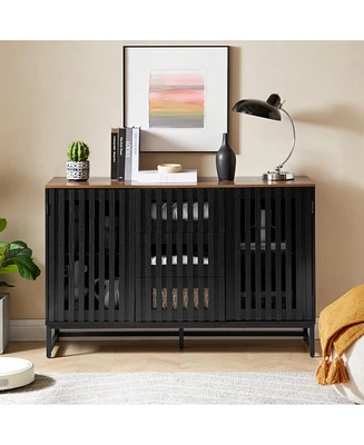 3 Drawer and 4 Shelves Dresser with Slatted Grille Striped Drawer and doors, Modern Style Dresser, High-Quality Mdf and Metal Leg