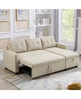 Upholstered Pull Out Sectional Sofa with Storage Chaise, Convertible Corner Couch, Beige