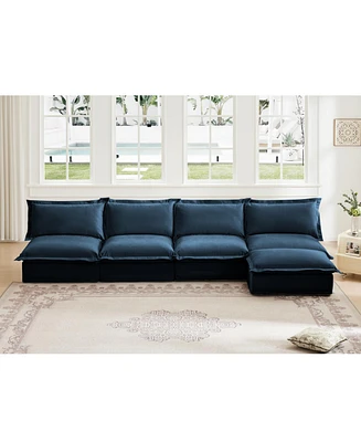Slipcovered Modular Sectional Sofa with Detachable Ottoman (Blue Chenille)