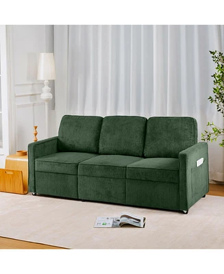 Retractable 3-Seater Sofa, Corduroy Green (Olive)