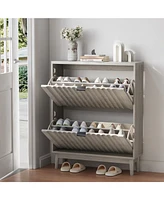 Fluted Shoe Cabinet with Flip Drawers for Entryway