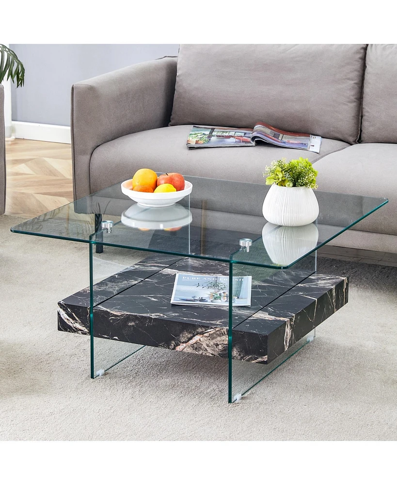 Elegant 31.4" Modern Square Coffee Table: Glass and Marble Pattern
