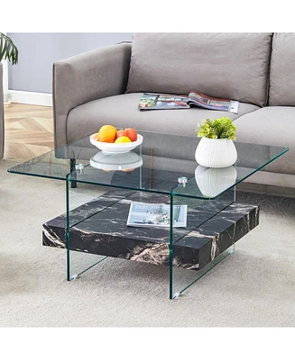 Elegant 31.4" Modern Square Coffee Table: Glass and Marble Pattern