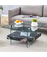 Elegant 31.4" Modern Square Coffee Table: Glass and Marble Pattern