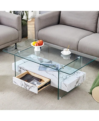 43" Modern Two-Tier Coffee Table: Clear Glass, White Marble Texture