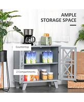 Sideboard Buffet Cabinet, Kitchen Storage Cabinet, Accent Cabinet with Double Fretwork Doors and Metal Handles for Living Room, Gray