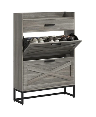 Narrow Shoe Cabinet, Industrial Shoe Storage Cabinet with 2 Flip Drawers, Adjustable Shelves, and Top Drawer, Entryway Hidden Shoe Storage for 12 Pair