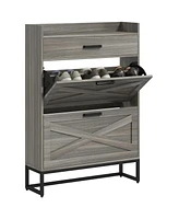 Narrow Shoe Cabinet, Industrial Shoe Storage Cabinet with 2 Flip Drawers, Adjustable Shelves, and Top Drawer, Entryway Hidden Shoe Storage for 12 Pair