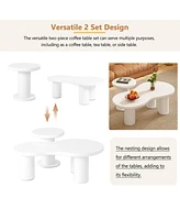 Easy Assembly Nesting Coffee Table Set of 2, Cream Style Cloud Coffee Table with Round Small Side Table, Irregular Center Table with Thick Legs for Li