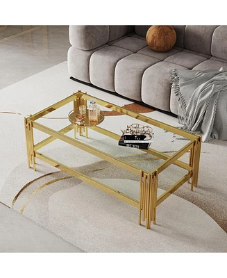 Top and Bottom Double Layer Tempered Glass Coffee Table and Mirror Finished Stainless Steel Frame