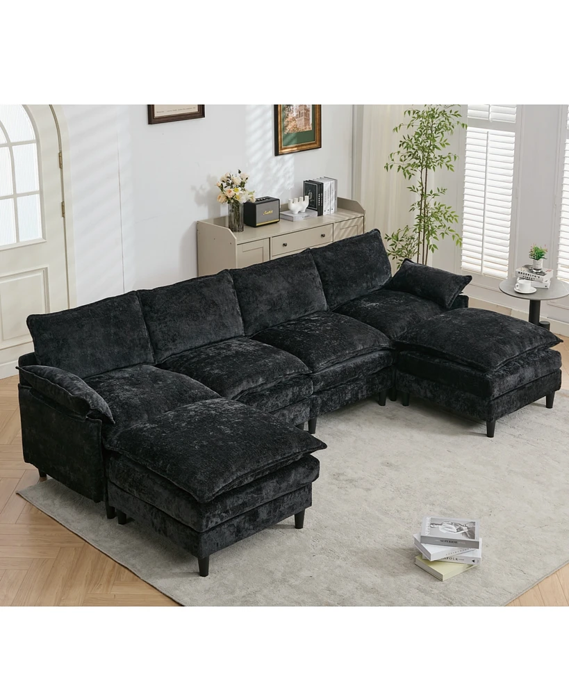 6-Seater Modular Sofa, Cloud Couch, Black Chenille
