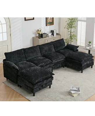 6-Seater Modular Sofa, Cloud Couch, Black Chenille