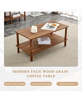Modern 2-Tier Coffee Table with Open Shelf, Rubberwood Legs