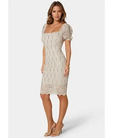 Bebe Women's Lace Slim Dress with Puff Sleeves